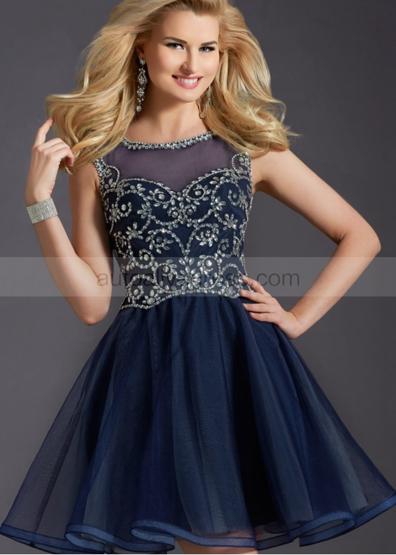 Navy Blue Tulle Beaded Slit Back Knee Length Prom Dress